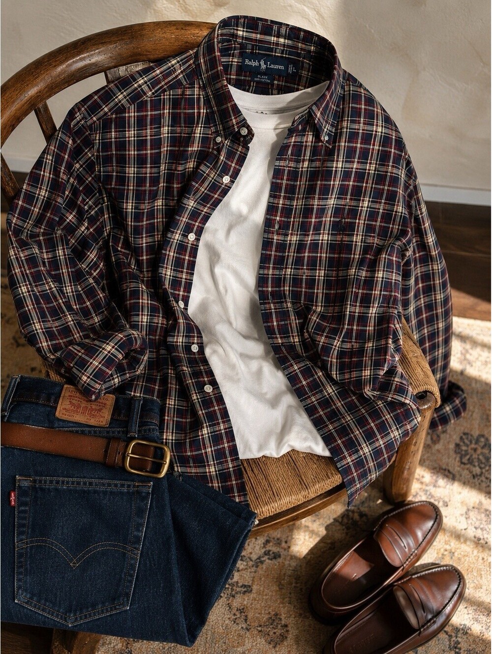 Ralph Lauren Blake Plaid Button Down Shirt Navy Burgundy Cotton Men’s Large